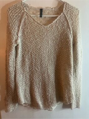 Full Tilt Open-Knit V-Neck Sweater in Light Cream